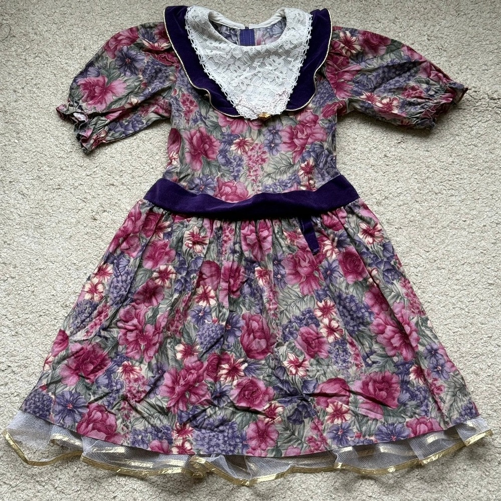 Vintage Girls Floral Party Dress Purple Velvet Lace Gold Trim Tulle Hem